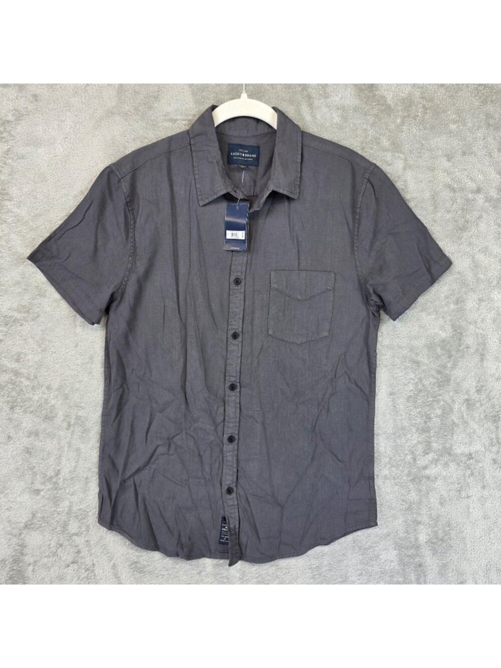 Lucky Brand Shirt Mens Small Gray Solid Short Sleeve Button Front Twill Casual